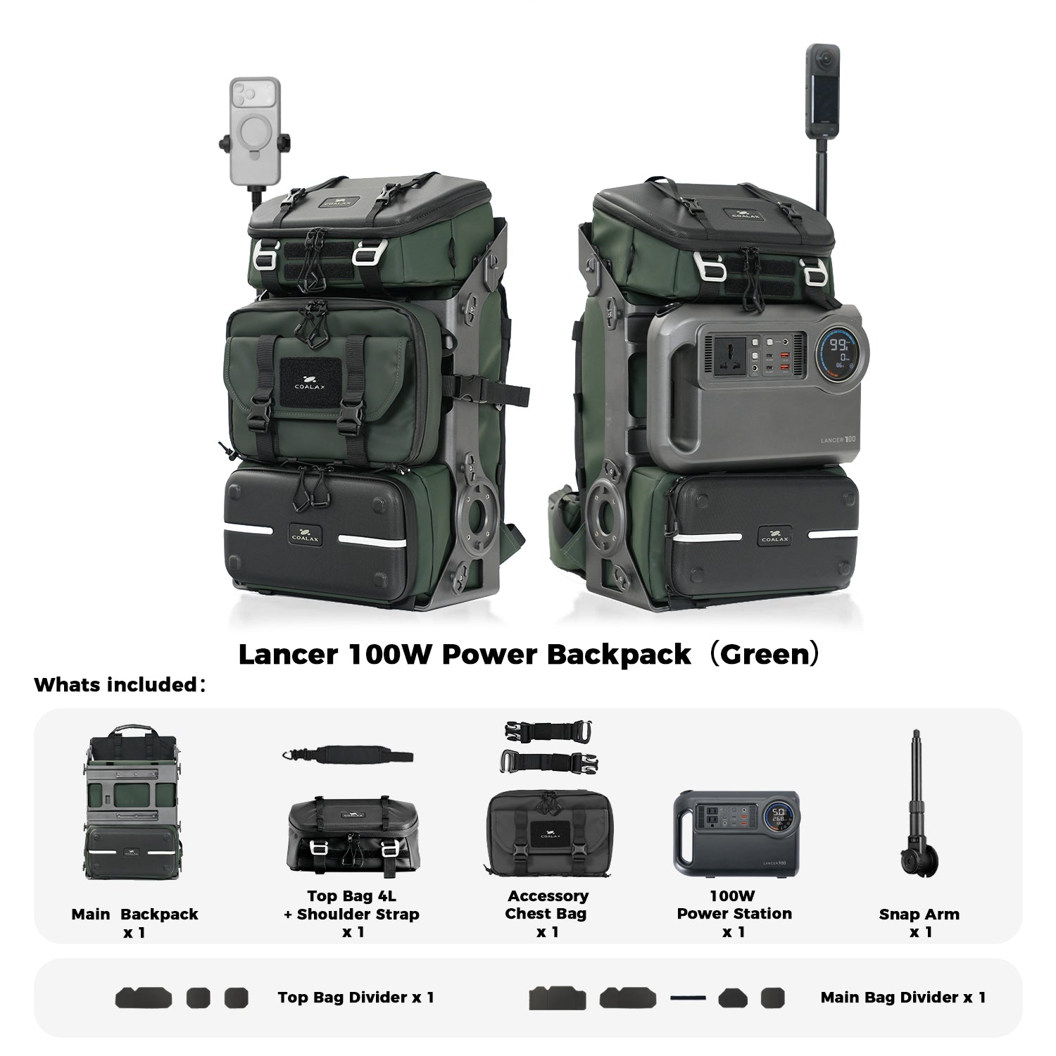 Lancer 100W Power Backpack -For Camera/Drone/Gear Storage + TSA Approved Travel Power Supply+ Snaparm Shoot（Green ）