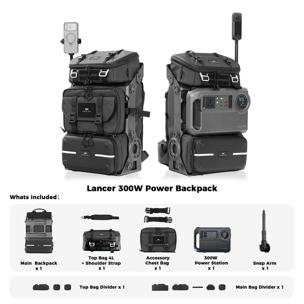 Lancer 300W Power Backpack -For Camera/Drone/Gear Storage + Long Lasting Power Supply+ Snaparm Shoot (Black）