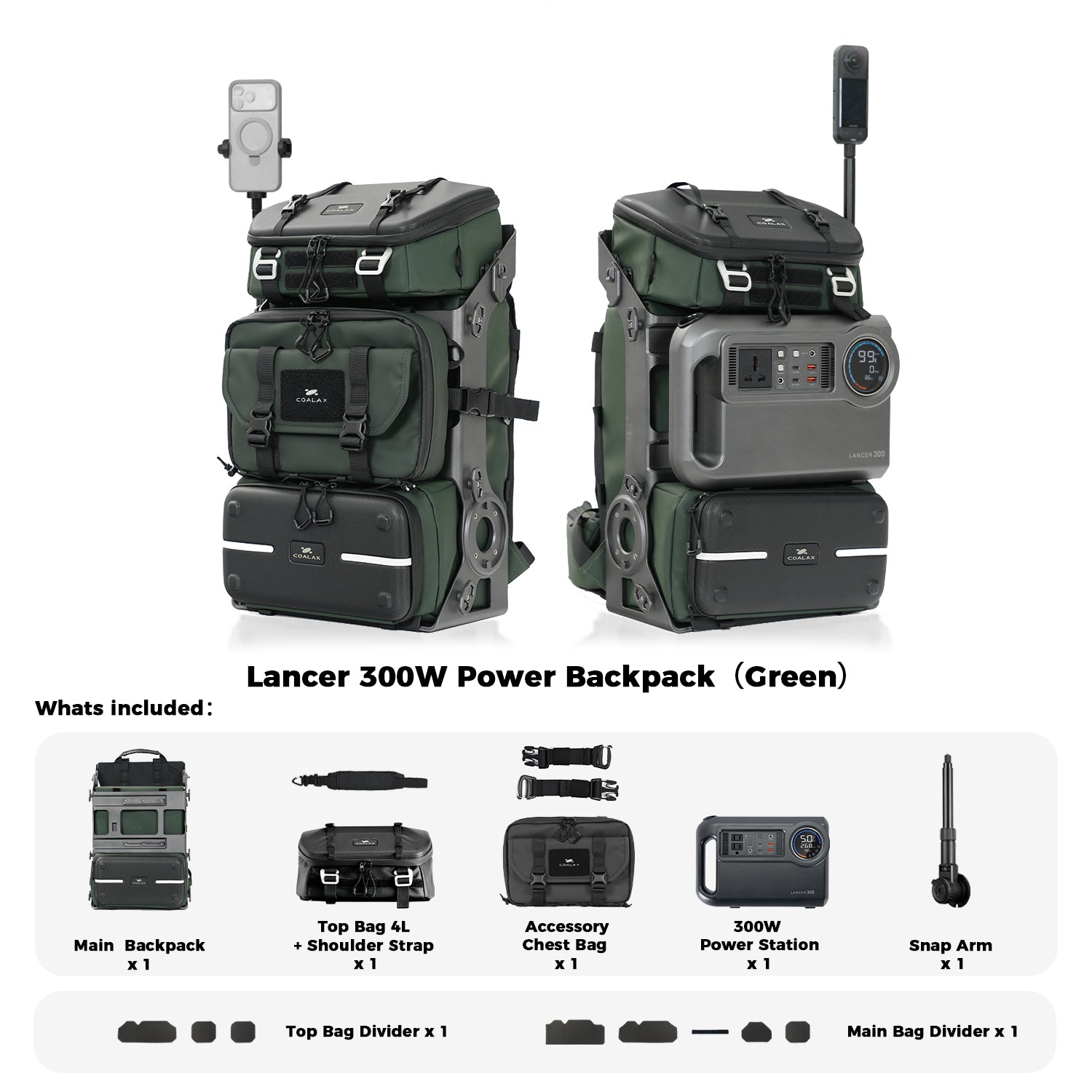 Lancer 300W Power Backpack -For Camera/Drone/Gear Storage + Long Lasting Power Supply+ Snaparm Shoot（Green ）