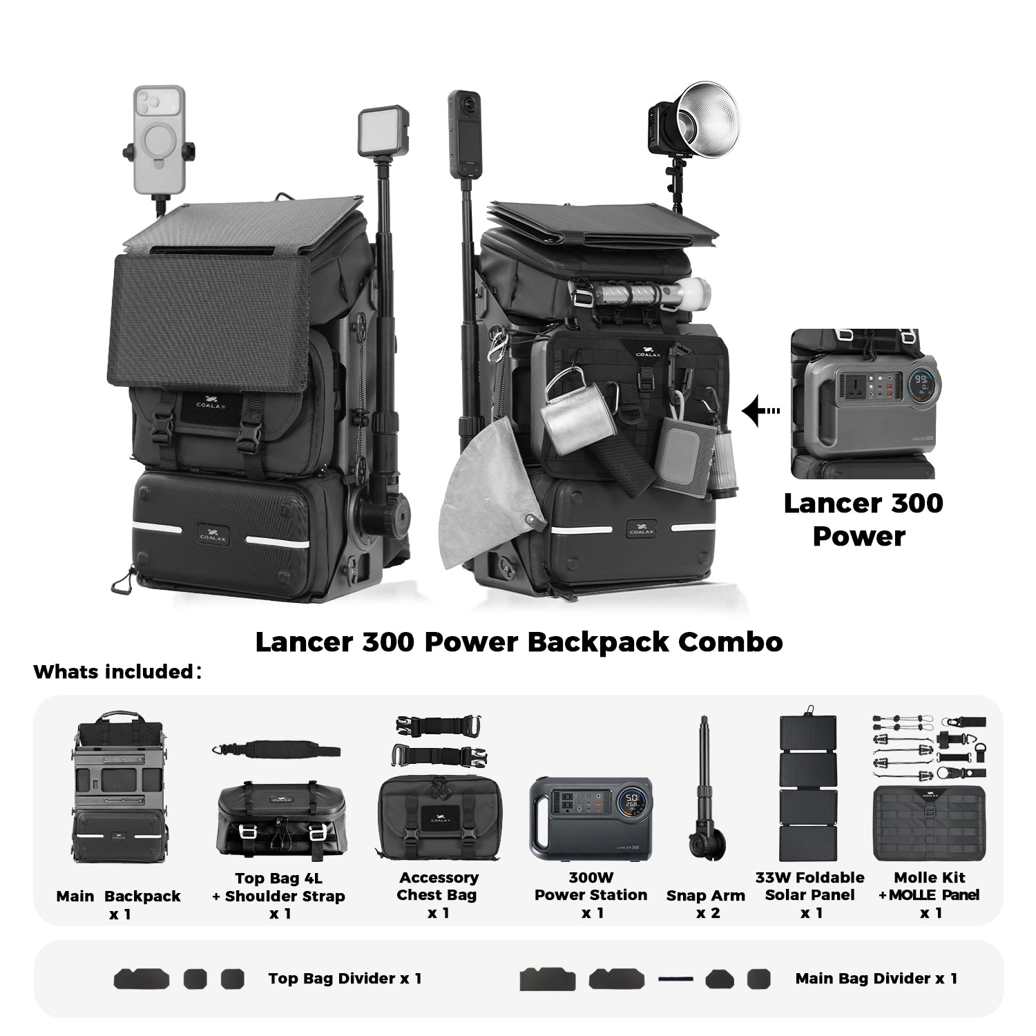Lancer 300 Power Backpack Combo   -For Camera/Drone/Gear Storage + Long Lasting Power Supply /Solar Charging + Snaparm Shoot (Black）