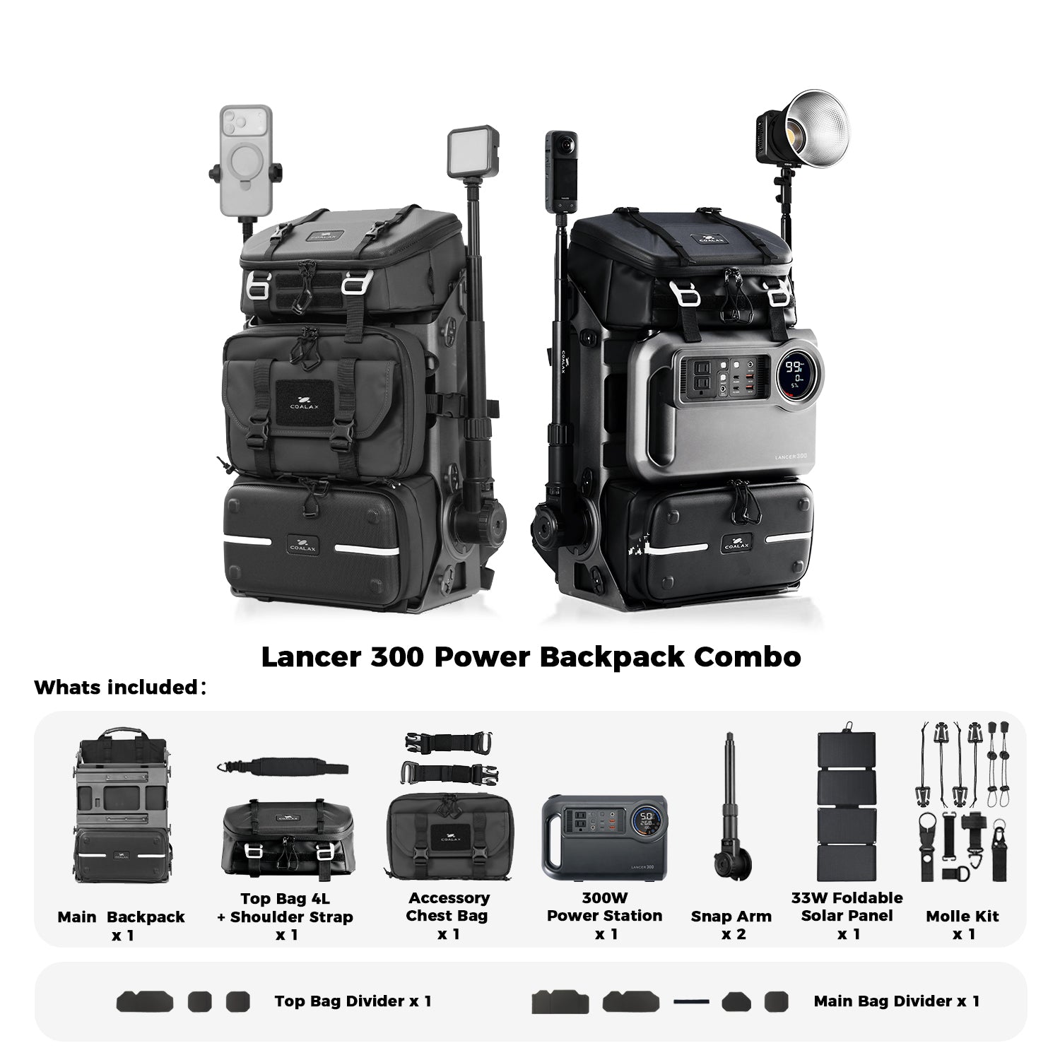 Lancer 300 Power Backpack Combo   -For Camera/Drone/Gear Storage + Long Lasting Power Supply /Solar Charging + Snaparm Shoot (Black）