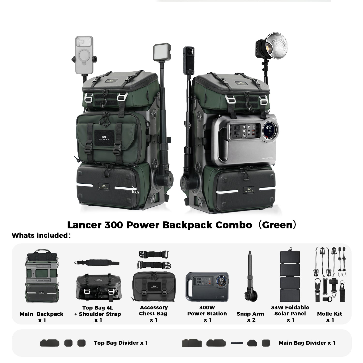 Lancer 300 Power Backpack Combo   -For Camera/Drone/Gear Storage + Long Lasting Power Supply /Solar Charging + Snaparm Shoot (Green）