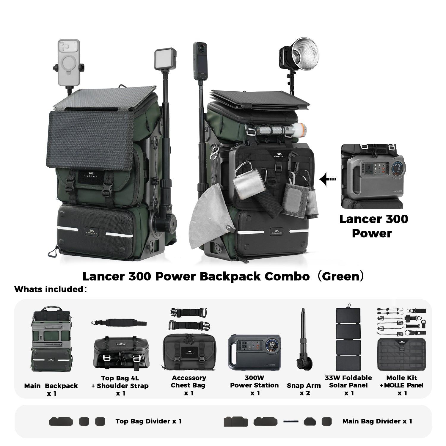 Lancer 300 Power Backpack Combo   -For Camera/Drone/Gear Storage + Long Lasting Power Supply /Solar Charging + Snaparm Shoot (Green）